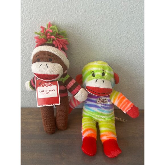 2 Dan Dee Sock Monkey Plush Toys Stuffed Animals Rainbow Zebra and Christmas 8" - Picture 1 of 9